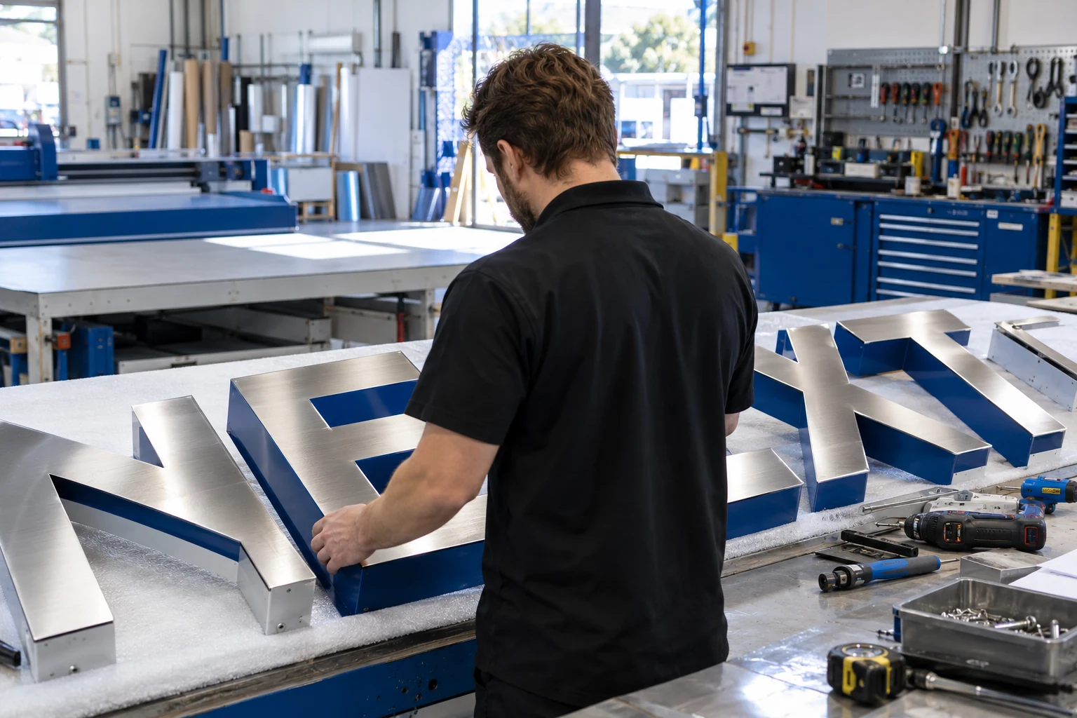 Sign fabrication in a workshop