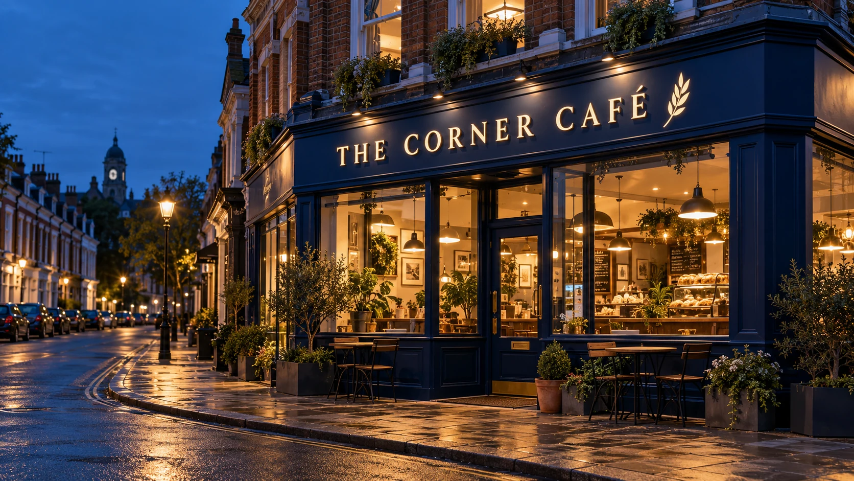 Corner café shopfront with illuminated fascia signage